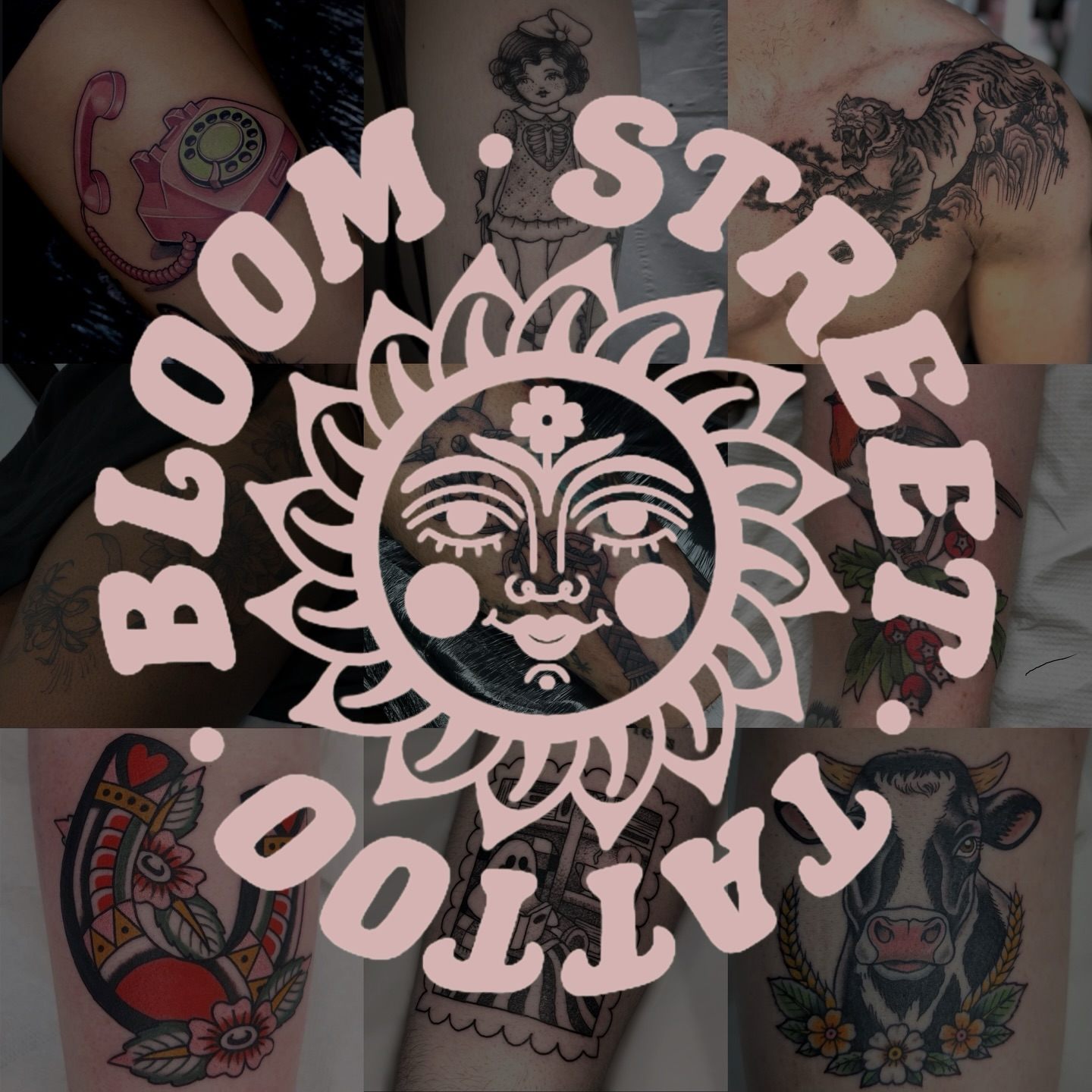 A collage of tattoos by Bloom Street artists behind the studio's pink sun face logo