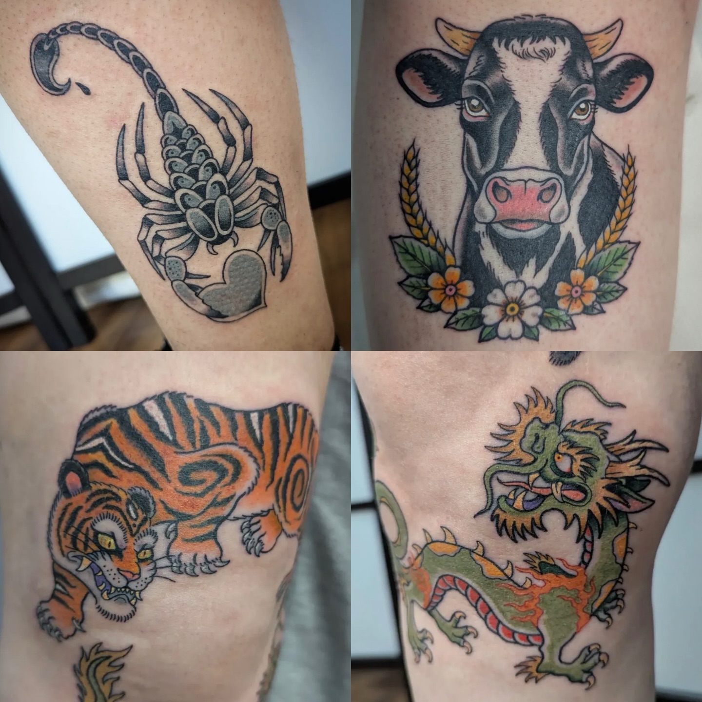 Bold colour tattoos including a cow head, a crawling tiger and a dragon