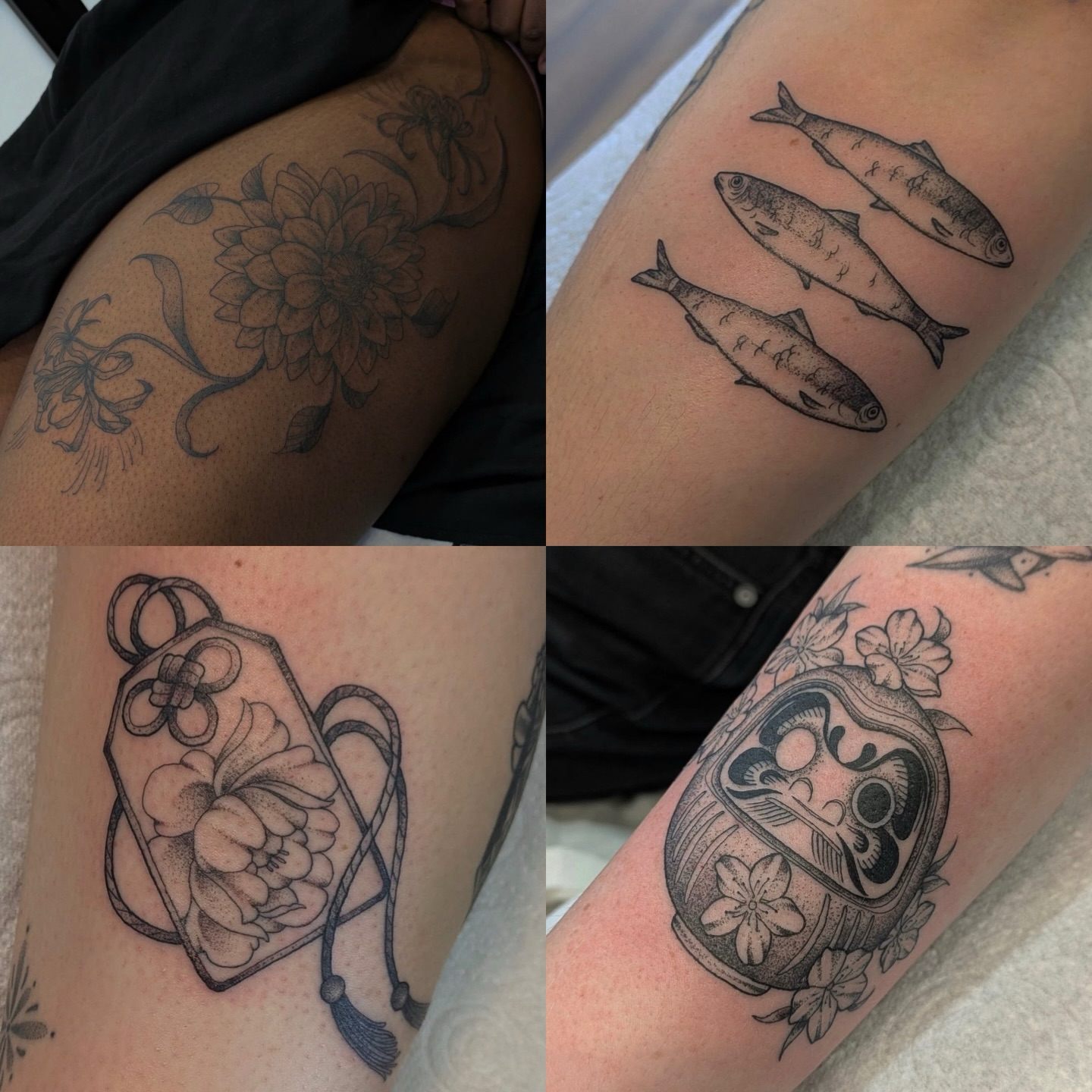 Blackwork and Japanese inspired tattoos including sardines and a daruma